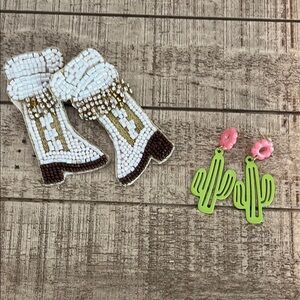 Beaded Cowboy Boot and Cactus Earrings Set